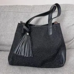 AZUL by moussy スタッズ装飾フリンジ付きブラックトートバッグ