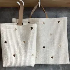 レッスンバック シューズ袋 ハート ブラウン ベージュ ヌビ ハンドメイド