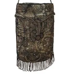 美品 ヴィンテージ ビーズ ショルダーバッグ パーティー ブラウン ゴールド