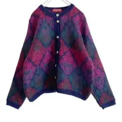 海外古着 総柄 アーガイル モヘア 長袖 ニット セーター カーディガン レトロ