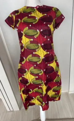 アフリカ布　幾何学模様 半袖ひざ丈ワンピース