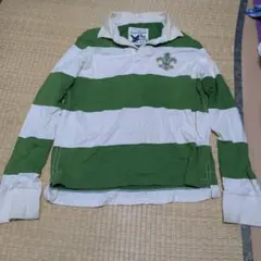 緑と白のストライプ 長袖ポロシャツ