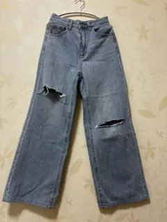 セット割可　GU ダメージストレートワイドレッグデニム