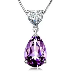 紫色アメジスト風ペンダントネックレス 天使の涙 ハートペンダント シルバー925