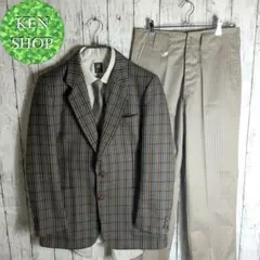 テーラードジャケットセットアップ　ココアブラウンストライプ　ネクタイシャツ付古着