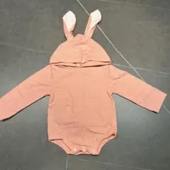 【70-80】ウサギ耳付きロンパース ピンク しっぽ付き