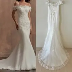 マーメイド ウェディングドレス オフショルダー 刺繍 ビーズ Aライン編み上げ式