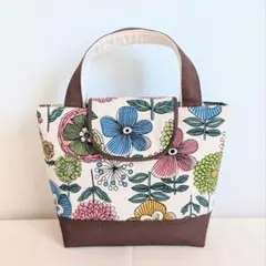 ハンドメイド バッグ トートバック 小物入れ 花柄 茶系 ふた付きミニバッグ