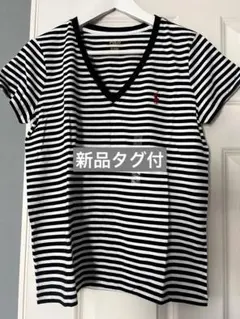 【新品タグ付】ポロ ラルフローレン Tシャツ ストライプ刺繍ロゴ Mレディース