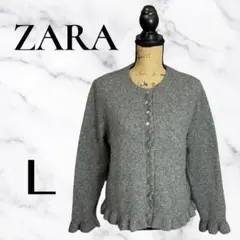 【ZARA】フリルクルーネックワンピース　ウール混　ふんわり　伸縮性　グレー　Lのサムネイル