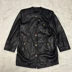ヴィンテージ ノーカラー ラムレザー レザージャケット　金ボタン 羊革 黒