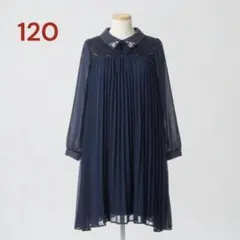 美品 アナスイミニ 120 プリーツドレス ワンピース リボンタイ ネイビー人気