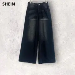 シーイン　ワイドレッグデニムパンツ　ダークグレー　ビッグリボン　S相当　綿混