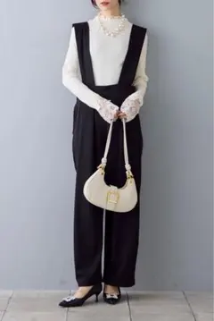 春コーデ❣️ハイウエストサロペット サロペットワイドパンツ 黒 Frene