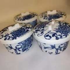 青い花柄 蓋付き煮物椀 4個セット　茶碗蒸し器　レトロ