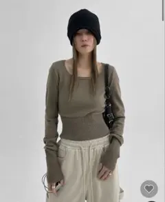 BLACKUP Y2K プリフスクエアネックニット　カーキ　フリーサイズ
