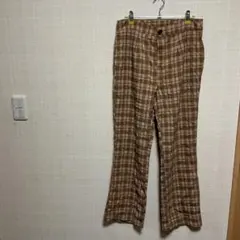 茶色系チェック スラックス フロントボタン春夏向け