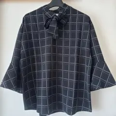 未使用　新品　リボンタイ　変形袖　チェック　ブラウス　シャツ　L
