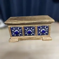 木製小物入れ 3段 青白陶器引き出し