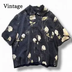 【美品】 ヴィンテージ 古着 花柄 レディース ブラウス ネイビー シースルー