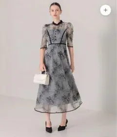 LEJA配色パイピングプチハイネック花柄刺繍ラメレースロング丈ドレスワンピース