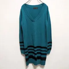 E1665 Putielai チュニック　深Ｖネック　長袖　ニットセーター　深緑
