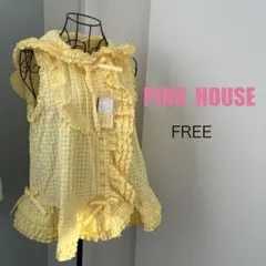 E247 ピンクハウス クマ耳フード付きギンガムチェックベストブラウス 黄色