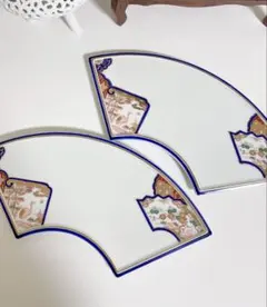 有田焼　高級美術有田焼　其泉作　染錦金彩　松竹梅鶴絵　扇面皿　金彩　2枚セット