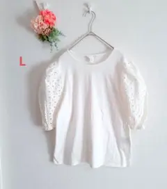 h079　エイチアンドエム【L】Tシャツ/カットソー/白/ボリューム袖/コットン