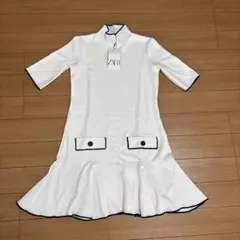 ZARA ホワイト ひざ丈ワンピース S 新品