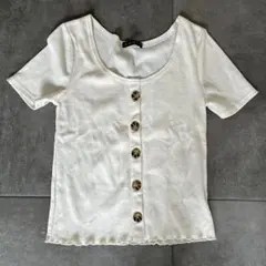 ホワイト ボタン付き 半袖Tシャツ