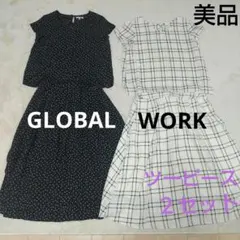 GLOBAL WORK チェック柄 ドット柄セットアップ Mサイズ　ツーピース