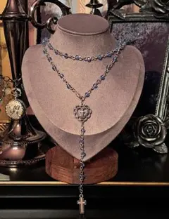 ロザリオ 2way くすみブルー 十字架 ハート ネックレス ペンダント