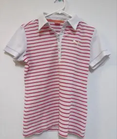 PUMA 白/ピンク　ストライプ 半袖ポロシャツ　Lサイズ　希少デザイン