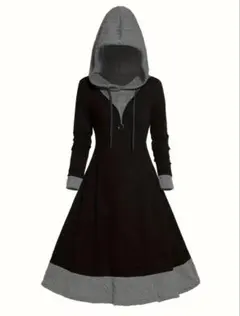 【新品】フード付き レイヤード風 フレアワンピース ブラック グレー