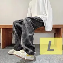 送料無料 レトロ ワイド ボトムス パンツ フラワー イージー 男女共用 黒 L