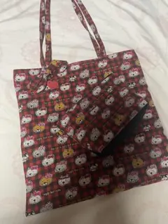猫デザイン チェック柄トートバッグと保温保冷巾着