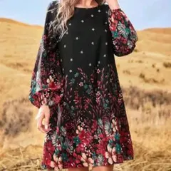 ワンピース 膝丈 長袖 花柄 Aライン チュニック XL