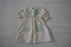 クリーム色 花柄刺繍 半袖ワンピース