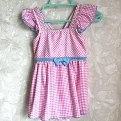 【100】ワンピース水着 女の子　ピンクチェック　キッズ　水遊び　プール　水泳