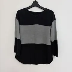 Vネック ボーダーニット セーター LLサイズ ブラック グレー 七分袖