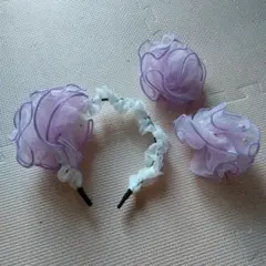 薄紫のフリルカチューシャとヘアクリップ3点セット