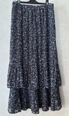 フレアロングスカート 黒白小花柄 Lサイズ