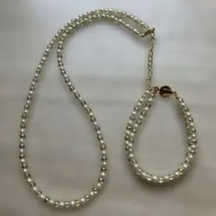 レモンオーラクォーツチェコガラスパールビーズネックレス 2連ブレスレットセット