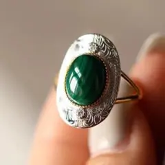 シルバー925 ヴィンテージマラカイト オーバルリング ゴールド