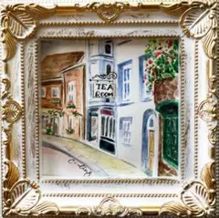 【原画】街角のティータイム 手描きイラスト 水彩画　額装済　インテリア雑貨