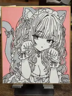 手描きイラスト オリジナルキャラ アナログイラスト猫耳　メイド　色紙