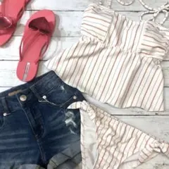PEAK&PINE ストライプ柄 ペプラムビキニ セパレート水着のサムネイル