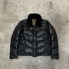 00s ファー レザーダウンジャケット ダブルジップ 光沢 y2k お兄系 黒
