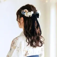 ベルベットリボン髪飾り ネイビー／卒業式 成人式 ハーフアップ ヘッドパーツ